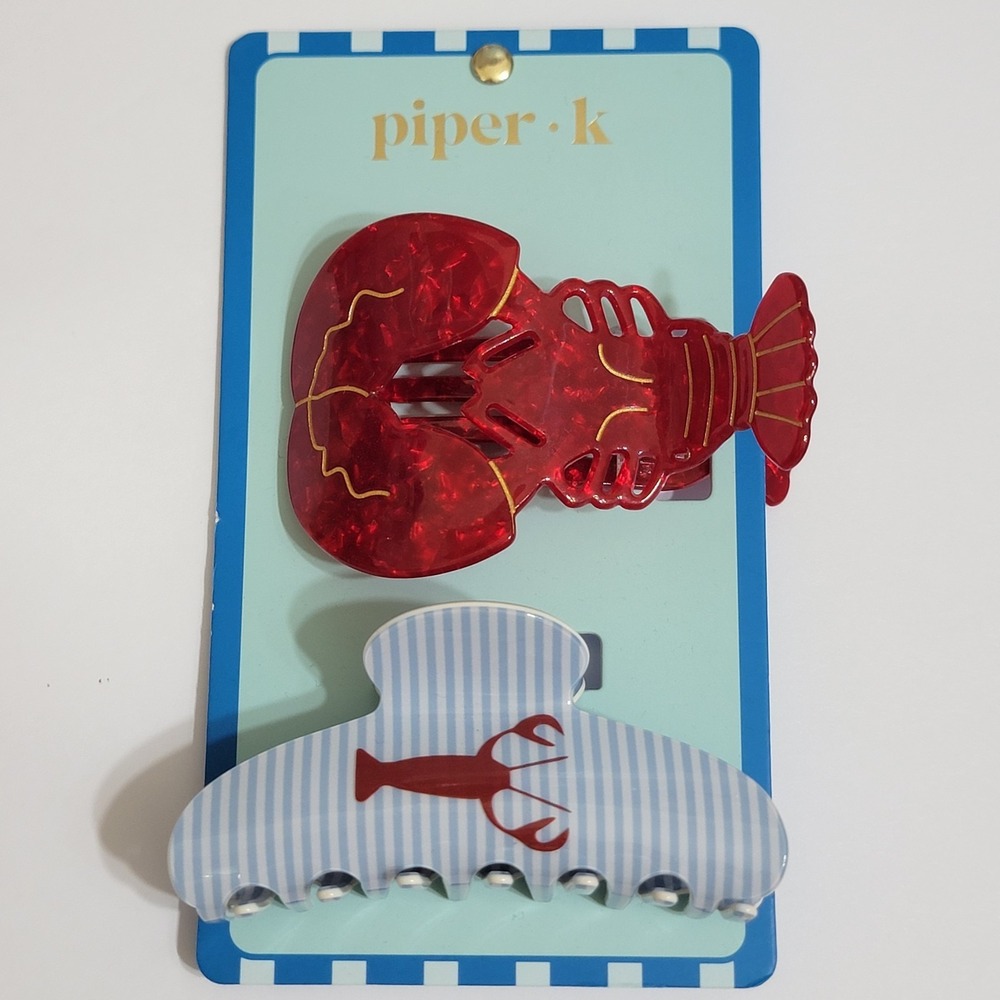 Piper K Lobster 2 Set Hair Clip Beach Nautical Stripes Coastal Sealife Summer